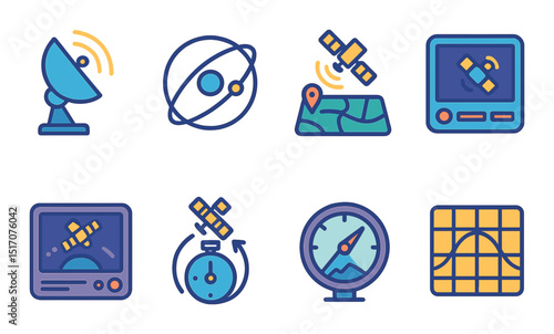 Space exploration flat icon set. astronomy and satellite communication symbols