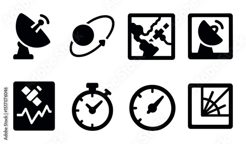 Space exploration silhouette icon set. astronomy and satellite communication symbols