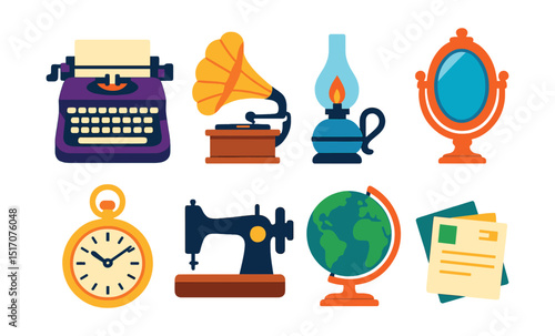 Flat vector icons of antique market finds: old typewriter, gramophone, oil lamp, vintage mirror, pocket watch, sewing machine, globe, stack of postcards.