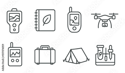 Outdoor adventure icon set: flat camping and exploration symbols for gear and navigation