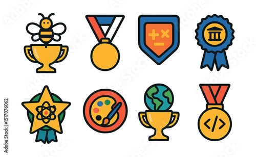 Flat vector icons of school competitions: spelling bee champion trophy, academic decathlon medal, mathletes tournament badge, history knowledge bowl ribbon, science fair award star, art competition