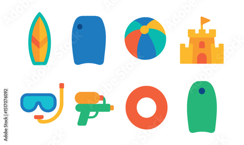 Flat vector icons of ocean fun: surfboard, boogie board, beach ball, sandcastle, snorkel gear, water gun, float ring, bodyboard.