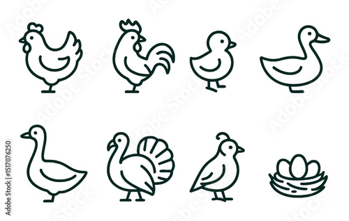Farm animal linear icon set. barnyard and livestock symbols