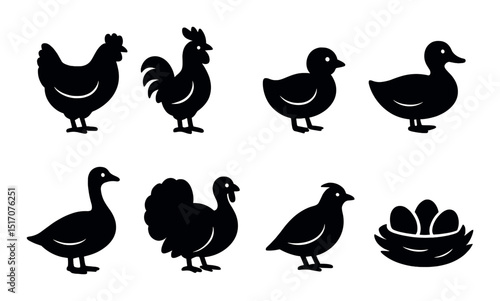 Farm animal silhouette icon set. poultry symbols for agriculture and farming