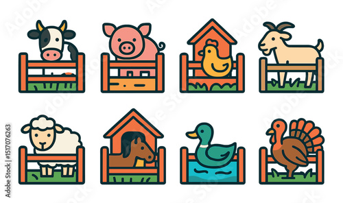 Farm animals flat icon set. agriculture and livestock symbols for rural themes