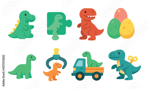 Dinosaur flat icon set for kids. prehistoric creature and toy symbols