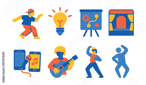 Flat vector icons of creativity and improvisation: freestyle icon, spark of idea, creative process board, open stage, improvised combo, musical interpretation, unexpected pose, abstract motion.