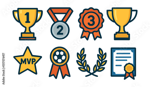 Flat vector icons of sports awards: first place trophy, second place silver medal, third place bronze badge, champion’s cup icon, MVP (most valuable player) award, best goal scorer ribbon, team