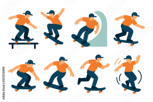 Skateboarding flat icon set: action and sports symbols for dynamic design