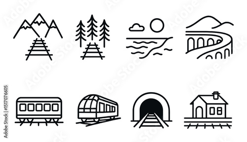 Railway and travel linear icon set. train and transportation symbols
