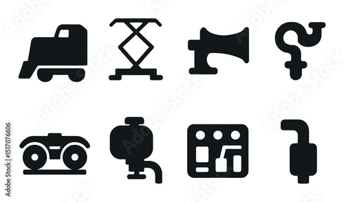 Industrial tools silhouette icon set. machinery and equipment symbols
