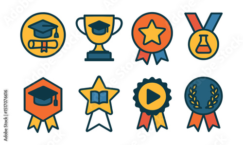 Flat vector icons of academic achievements: finishing undergraduate studies badge, completing master’s degree trophy, achieving academic excellence medal, winning research grant ribbon, graduating