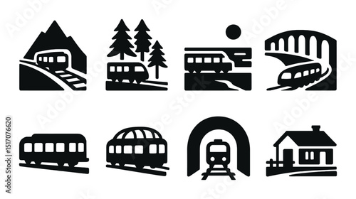 Train journey silhouette icon set. railway travel and transportation symbols
