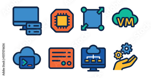 Flat vector icons of IaaS (Infrastructure as a Service): virtual infrastructure icon, compute instance, storage volume, scalable network, virtual machine badge, cloud console, infrastructure panel,