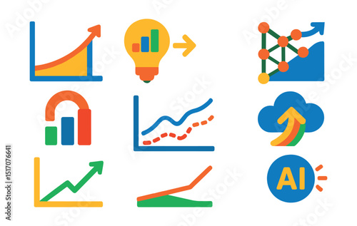 Flat vector icons of predictive analytics and forecasting: prediction curve, future insights symbol, forecast model icon, risk probability chart, what-if scenario graph, forecasting cloud, trend
