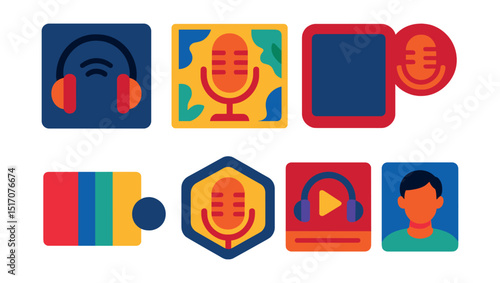 Flat vector icons of podcast cover art and branding: cover square icon, custom artwork, title frame, logo icon, brand palette, visual identity badge, episode thumbnail, host photo.