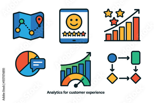 Flat vector icons of analytics for customer experience: customer journey map, satisfaction score icon, feedback analysis chart, review trends, NPS gauge, customer retention graph, sentiment meter,