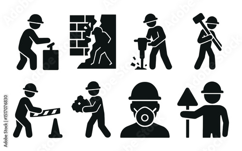 Construction worker silhouette icon set. building and labor symbols