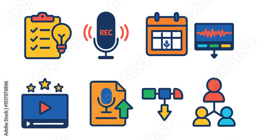 Flat vector icons of podcast production workflow: planning checklist, pre-record icon, production calendar, editing timeline, post-production icon, publish icon, content pipeline, team workflow.