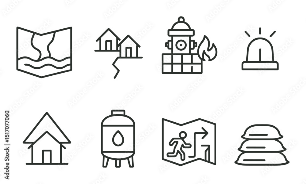 Emergency preparedness linear icon set. crisis and safety planning symbols Emergency preparedness linear icon set. crisis and safety planning symbols