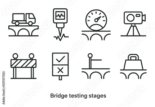 Bridge testing stages icon set in linear style with infrastructure and engineering symbols