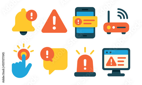 Flat vector icons of IoT alert systems and notifications: warning bell icon, critical alert symbol, push notification on phone, device malfunction alert, safety trigger icon, SMS alert bubble,