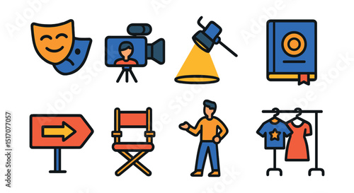 Flat vector icons of actors and performance: actor mask, on-camera role, actor spotlight, rehearsal script, stage cue, makeup chair, character pose, costume rack.