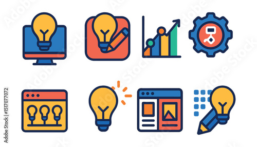 Flat vector icons of creativity in UI/UX: lightbulb over screen, design inspiration icon, UI trend graph, creative process badge, brainstorming UI, innovative feature spark, layout experiment icon,