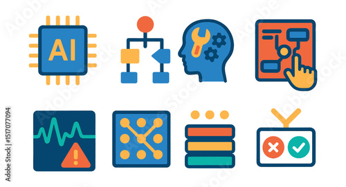 Flat vector icons of IoT AI and machine learning: AI processor chip, learning algorithm icon, predictive maintenance brain, automated data labeling, anomaly detection waveform, pattern recognition