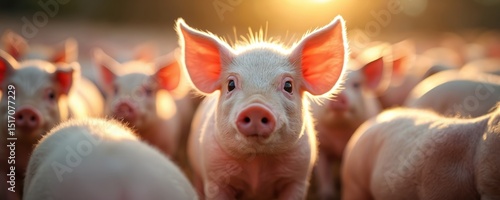 Curious piglet stands out crowd pigs, bathed warm, golden light farm. Pink swine, animal looking straight at camera, shows pig inquisitive nature. Young pig in agricultural setting. Charming