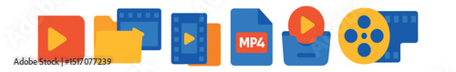 Flat vector icons of video clips and media assets: video clip icon, scene folder, b-roll footage, file format symbol, footage library, asset bin, raw footage reel, clip stack.