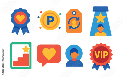 Flat vector icons of brand loyalty and recognition: loyalty program badge, points reward icon, repeat customer tag, recognition icon, brand fan spotlight, loyalty milestone, thank-you message icon,