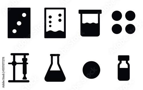 Science and chemistry silhouette icon set. lab equipment and experiment symbols