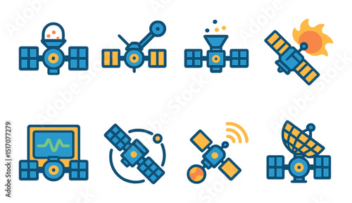 Space exploration flat icon set. satellite and astronomy symbols collection