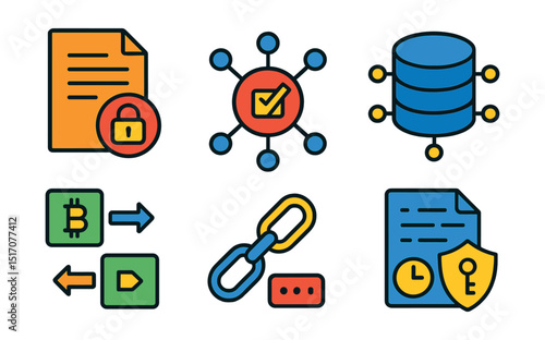 Flat vector icons of distributed ledgers: ledger page icon, immutable record symbol, decentralized log, shared database icon, transaction block, chain of custody, digital timestamp, cryptographic