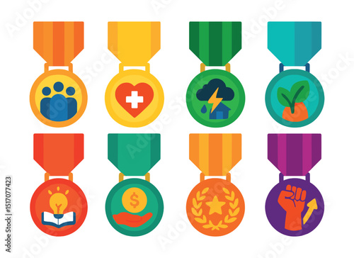 Flat vector icons of volunteer service medals: community service excellence medal, humanitarian aid medal, disaster relief volunteer medal, environmental cleanup participation medal, educational
