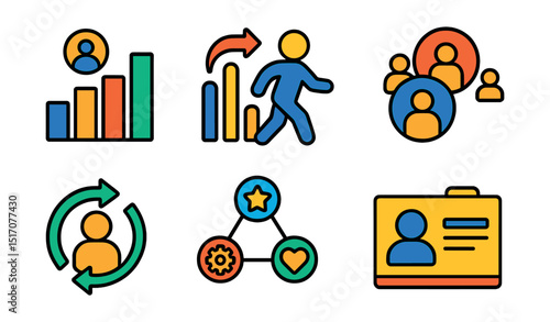 Flat vector icons of audience and targeting: demographic graph, behavior targeting icon, lookalike audience, location pin targeting, retargeting arrow, interest cluster, audience insights dashboard,