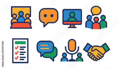 Flat vector icons of meetings and communication: team meeting icon, chat bubble, video call screen, discussion group, meeting agenda sheet, real-time messaging, audio conference icon, virtual