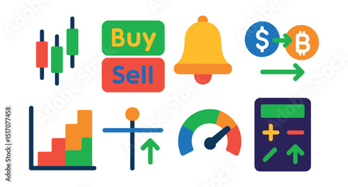 Flat vector icons of crypto trading tools: candlestick chart, buy/sell buttons, price alert bell, trading pair symbol, market depth graph, limit order icon, risk meter, profit calculator.