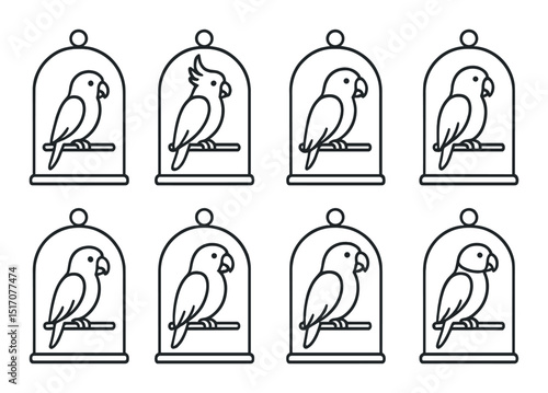 Birds in cages linear icon set. avian and pet symbols collection