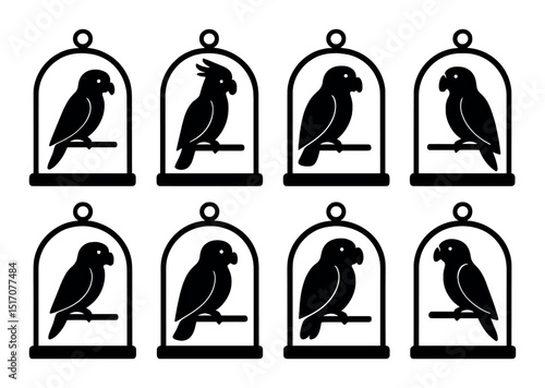 Bird cage silhouette icon set. avian and pet symbols for graphic design