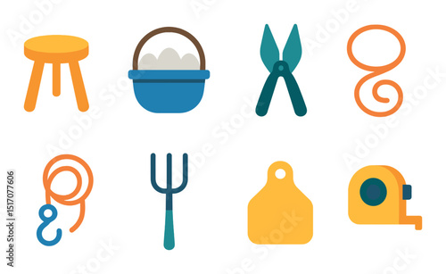 Home utility flat icon set. tools, equipment, and essentials symbols
