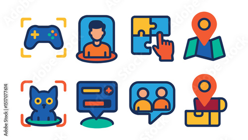 Flat vector icons of AR in gaming: AR game controller, avatar in real space, puzzle interaction, location-based quest, creature capture icon, gaming HUD, multiplayer overlay, AR treasure hunt.