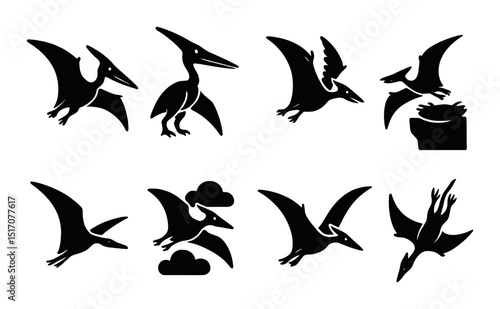 Dinosaur silhouette icon set. prehistoric creature and flying reptile symbols