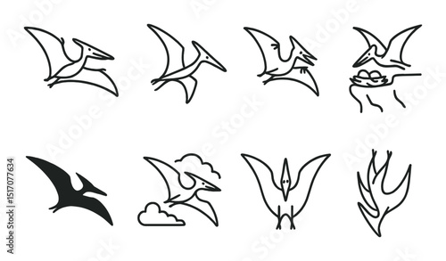 Dinosaur silhouette icon set with pterodactyl designs and prehistoric symbols