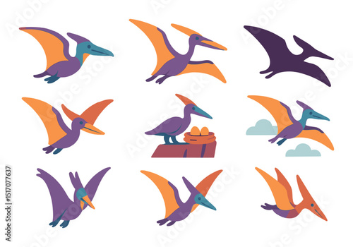 Pterodactyl flat icon set. dinosaur-themed graphic symbols for design