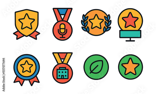 Flat vector icons of event organization ratings: best event organizer badge, top conference speaker medal, festival organization excellence award, workshop facilitation top star, training program