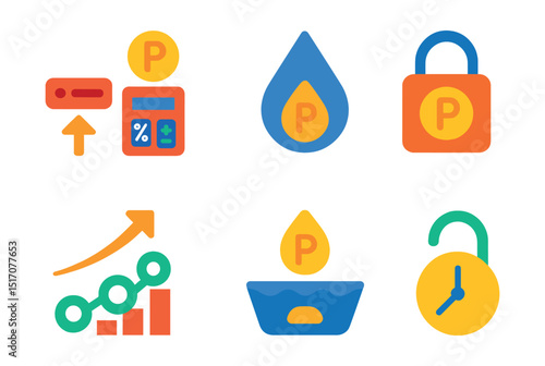 Flat vector icons of staking and DeFi rewards: staking node, yield calculator, reward token drop, staking lock icon, APR chart, compound interest symbol, liquidity staking icon, unlock timer.