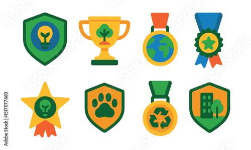 Flat vector icons of environmental competitions: green innovation challenge badge, tree planting competition trophy, climate action project contest medal, eco design competition ribbon, sustainable