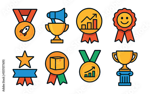 Flat vector icons of business competitions: startup pitching contest medal, best marketing strategy competition trophy, sales performance challenge badge, customer service excellence contest ribbon,